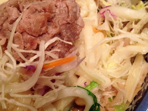 袋入り千切りキャベツと豚肉の焼きうどん♬